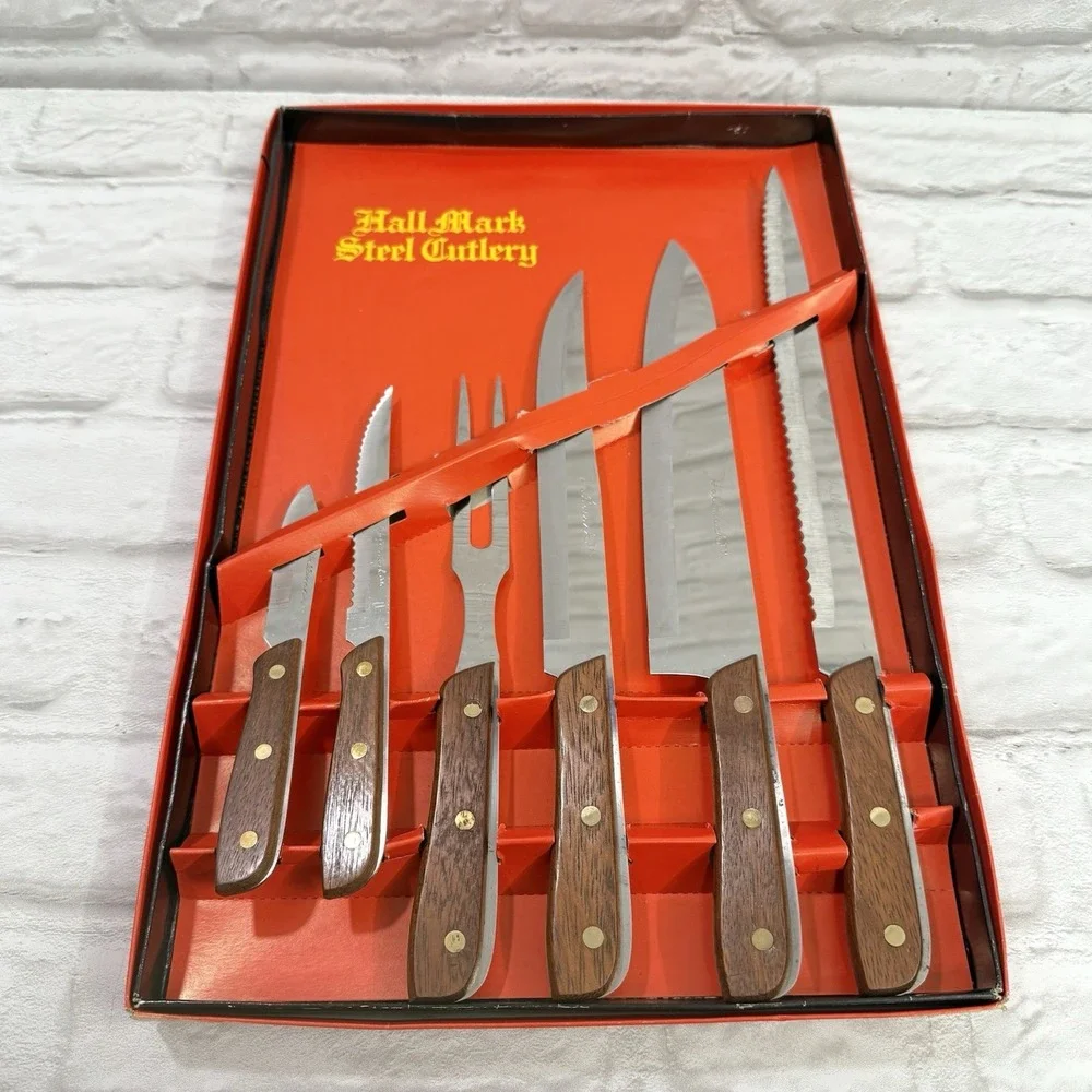Vintage 1983 Hallmark Steel Cutlery 6 Piece Wood Handle Knifes Set No 344 - NEW
